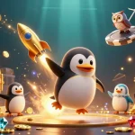 Engage with sunwin's dazzling gaming experience as a golden penguin crafts fortune amidst treasures in a vibrant casino.
