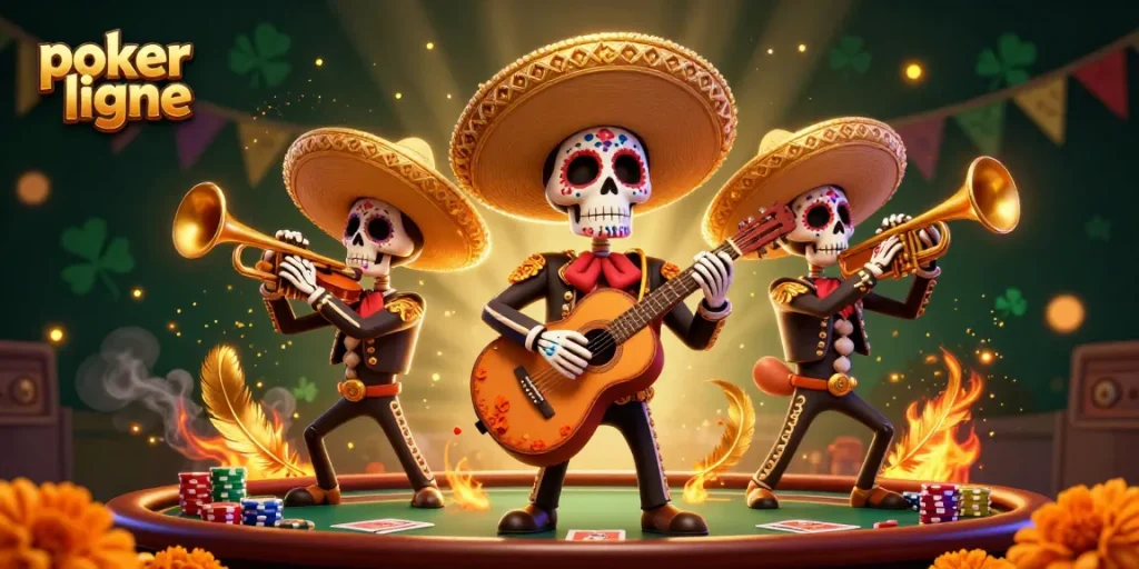 Jouez au poker en ligne avec une illustration 3D dynamique de mariachi et une table de poker