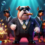 Illustration attractive de casino en ligne retrait instantané avec un bouledogue mafieux et des éléments de jeu captivants.