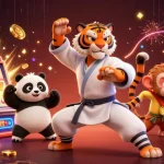 Tài xỉu MD5 game illustration depicting a dragon master and panda disciple playing amidst vibrant jackpots