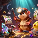 Recevez vos gains avec casino en ligne retrait instantané, illustré par un fouilleur entouré de trésors et d'éléments de jeu.