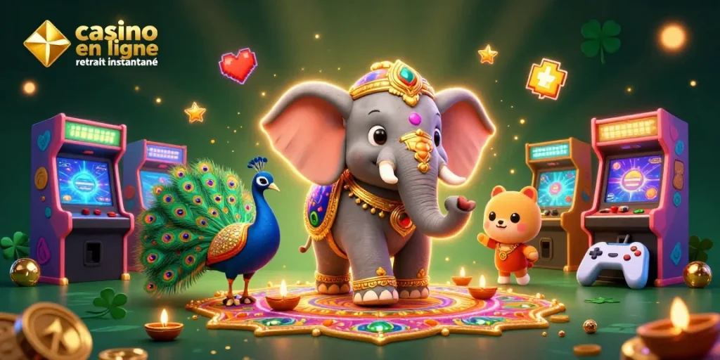 Retirez vos gains rapidement avec casino en ligne retrait instantané illustré par un éléphant à motifs Diwali.