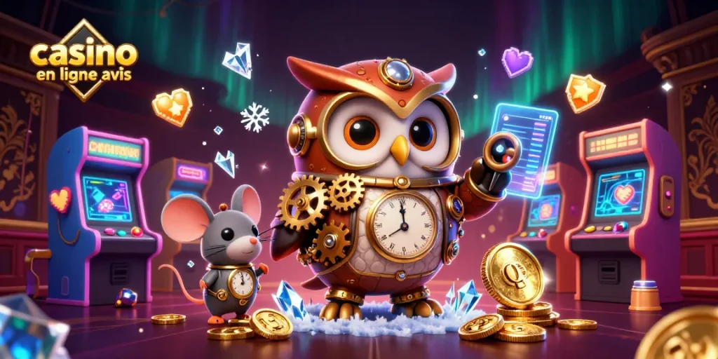 Explorez les avis sur les casinos en ligne avec cette illustration dynamique intégrant un hibou voyageur steampunk et des éléments futuristes.