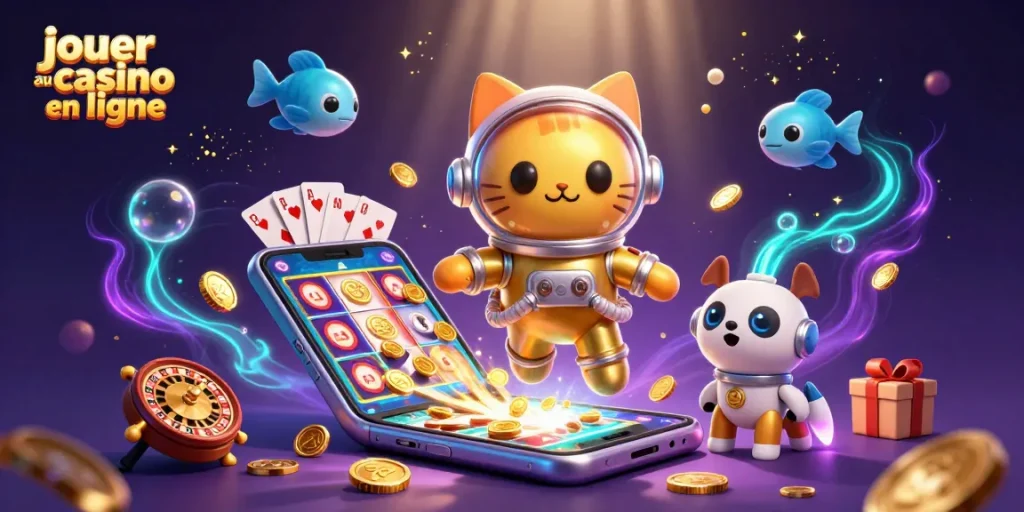 Jouer au casino en ligne avec des personnages de chat astronaute et un chien robot dans un univers coloré.