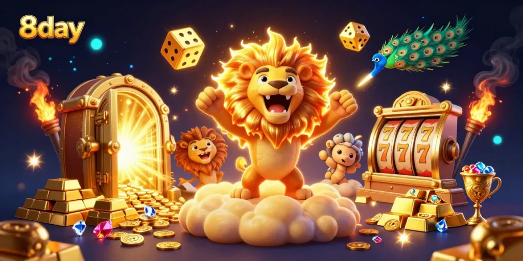 Engage in thrilling slots at 8day's captivating casino with golden treasures and vibrant elements.