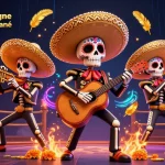 Casino en ligne retrait instantané avec une illustration colorée des membres d'un groupe mariachi et des éléments de jeu illuminés.