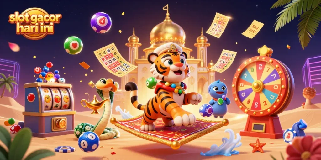 Experience slot gacor hari ini with a vibrant 3D illustration of a sultan on a flying carpet amidst colorful gambling elements.
