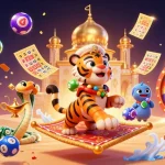Experience slot gacor hari ini with a vibrant 3D illustration of a sultan on a flying carpet amidst colorful gambling elements.