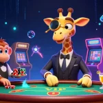 Spin the reels at GK88 with a vibrant 3D casino scene featuring a giraffe, monkey, and chameleon!
