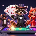 Jouez au poker en ligne avec un raton laveur élégant et ses compagnons dans une illustration 3D dynamique.