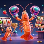 Casino en ligne retrait instantané : Crevette-mante et coraux en action, entourés de machines à sous et trophées.