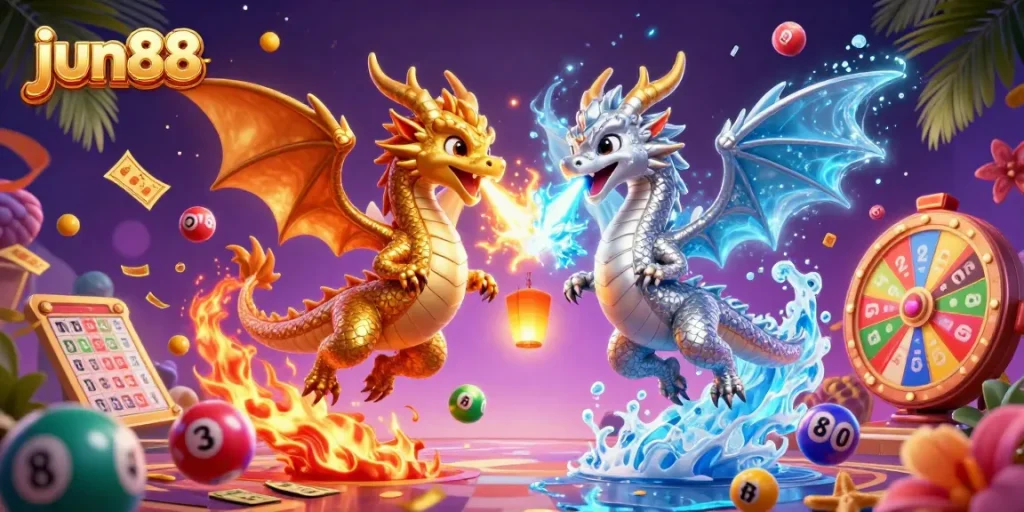 Join the excitement at jun88, featuring colorful lottery balls and twin dragons in a vibrant casino scene.
