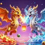 Join the excitement at jun88, featuring colorful lottery balls and twin dragons in a vibrant casino scene.