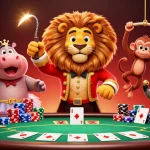 Experience thrilling poker action with fv88 featuring vibrant circus characters in a dynamic casino scene.