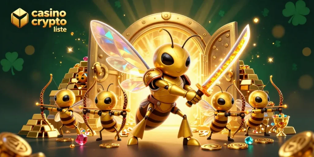 Plongez dans l'univers dynamique du casino crypto liste avec des personnages fascinants jouant sous une pluie de trésors.