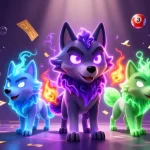 Illustration dynamique du meilleur site de pari sportif, avec des loups fantomatiques et des éléments de loterie.