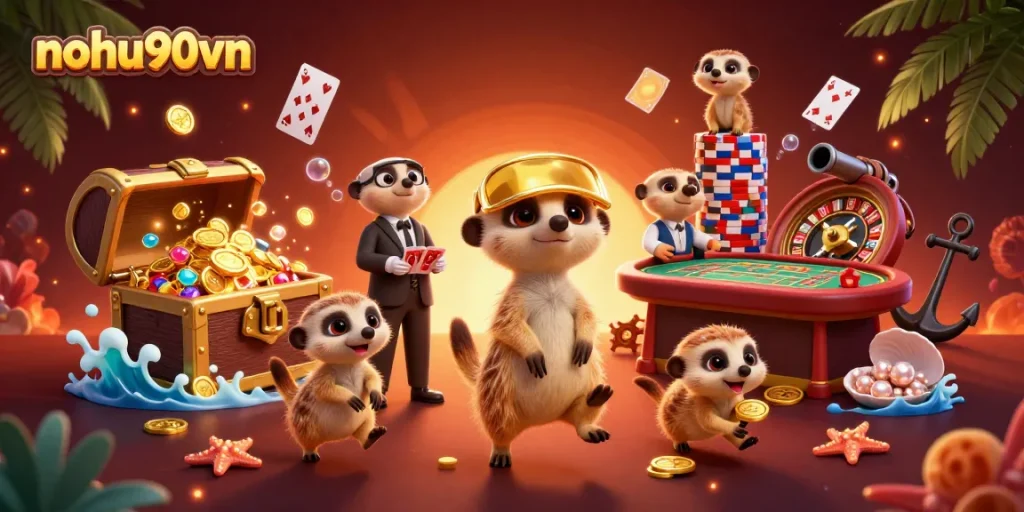 Nohu90vn showcases a dynamic casino scene with meerkats, celebrating big wins with colorful treasure and casino elements.