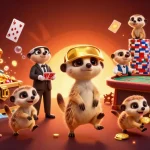 Nohu90vn showcases a dynamic casino scene with meerkats, celebrating big wins with colorful treasure and casino elements.