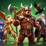 Jouez dans un casino en ligne retrait immédiat avec cette scène dynamique de Viking, aigle et éléments de jeu.