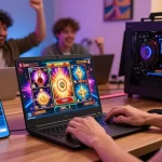 Exciting gaming scene with a player enjoying wd138 slot games on a laptop, friends cheering nearby.