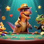 Profitez d'un casino retrait immédiat avec un velociraptor jouant aux cartes, entouré d'éléments de jeu.