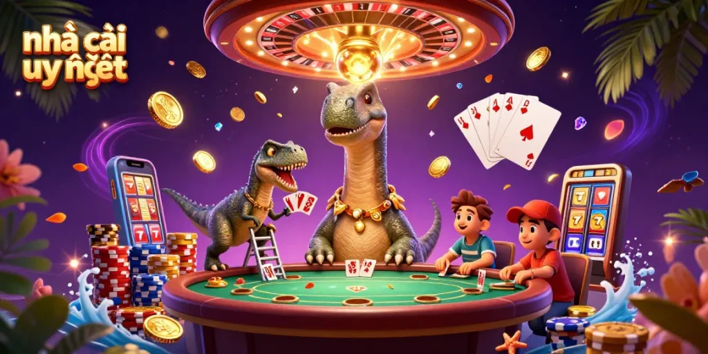 Experience the thrill of Nhà cái uy tín with a cartoon brontosaurus and clever raptor in a vibrant casino scene.