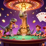 Experience the thrill of Nhà cái uy tín with a cartoon brontosaurus and clever raptor in a vibrant casino scene.