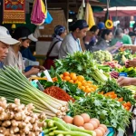 Fresh herbs and eggs in a bustling Thai market emphasizing สล็อตเว็บตรง food culture and vibrant ingredients.