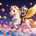 オンライン カジノ ブラックジャックの活気あるイラスト、星空の白馬とかわいい騎士が幻想的なシーンで遊ぶ様子。