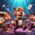 Illustration dynamique de casino crypto sans KYC 2026 avec une scène animée de personnages et d'éléments de jeu.