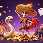 Animation représentant un rooster mariachi dans un casino crypto liste avec des pièces d'or volantes.