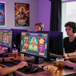 Engaging scene of friends playing slot games online together, showcasing excitement and gaming atmosphere.