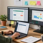 Free Elementor Pro by Hostneverdie showcased in a modern home office with a developer at work, highlighting creative atmosphere.