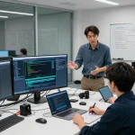 Engineers collaborating on NAGA2000 debugging in modern testing lab