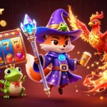 Spin to win with situs gacor as a mystical wizard fox conjures slot magic amidst vibrant gaming elements.