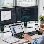 Software developer at rtischeduler.co.uk workspace, coding on dual monitors with design tools and coffee.