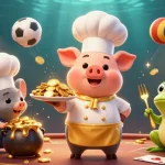 バカラ オンラインカジノでの高揚した勝利を祝う、盛り付けられた金貨のプレートを持つシェフ豚のイラスト