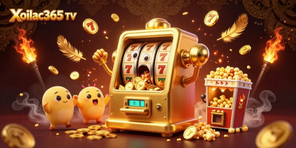 Xoilac365 TV showcases a golden slot machine hitting a jackpot with baby slot machines cheering, enriching the online casino experience.