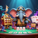 Spin the winbox slots with a steampunk elephant and colorful poker chips.