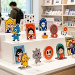 Custom acrylic stand displayed in an inviting shop setting with vibrant designs, showcasing diverse products.