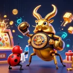 Experience the thrill of online casinos with dynamic characters and vibrant gaming elements in an exciting 3D illustration.
