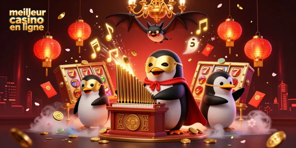 Récupérez les meilleures offres au meilleur casino en ligne avec un orgue à pièces dorées et des acrobates suspendus.