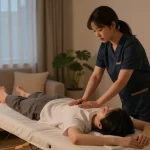 신림동출장마사지 session with a professional therapist in a cozy living room setting, featuring warm lighting and soothing atmosphere.