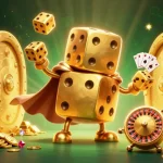 Engage with BTY6137 in this dynamic 3D casino scene featuring a golden dice golem and vibrant elements.